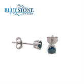 14 Karat White Gold 4 Prong Stud Earrings w/ Blue Diamonds at 0.50cttw